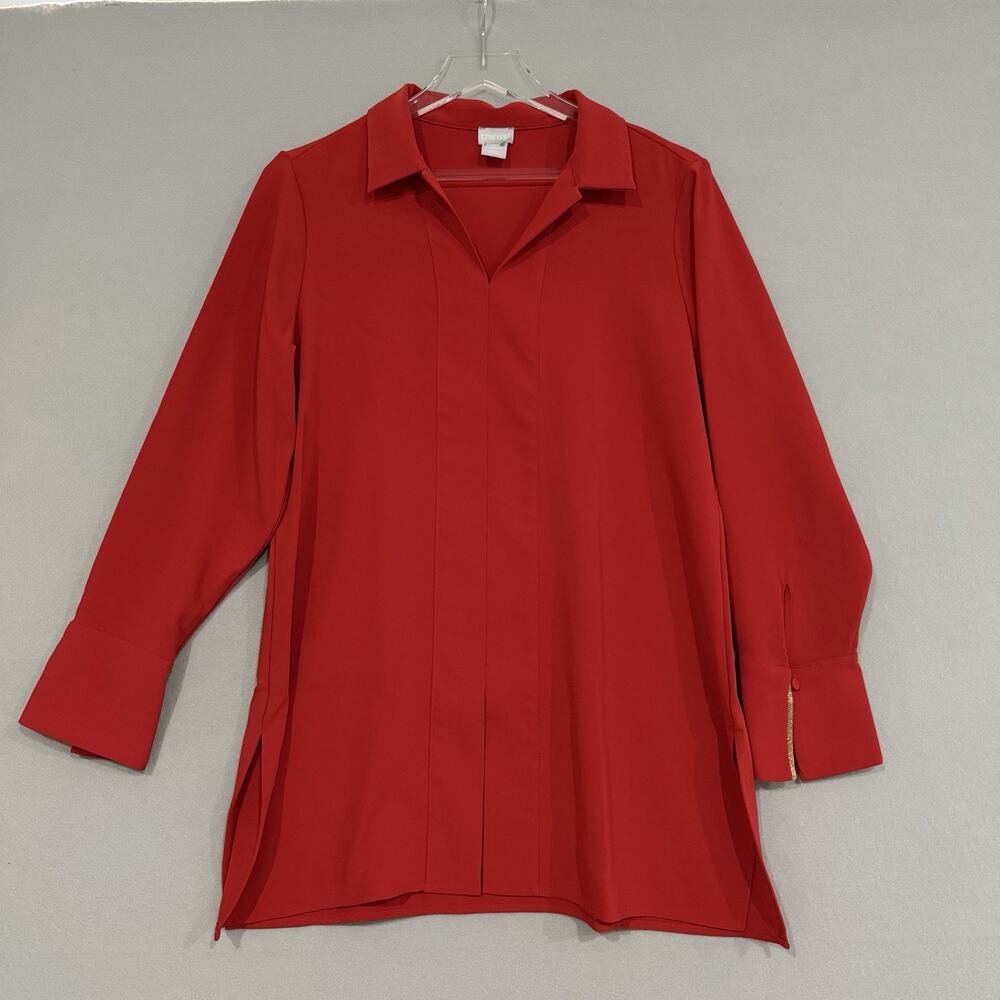 Chico's Tunic Top Size 1 US Medium Red Long Sleeve Collar Classy Feminine